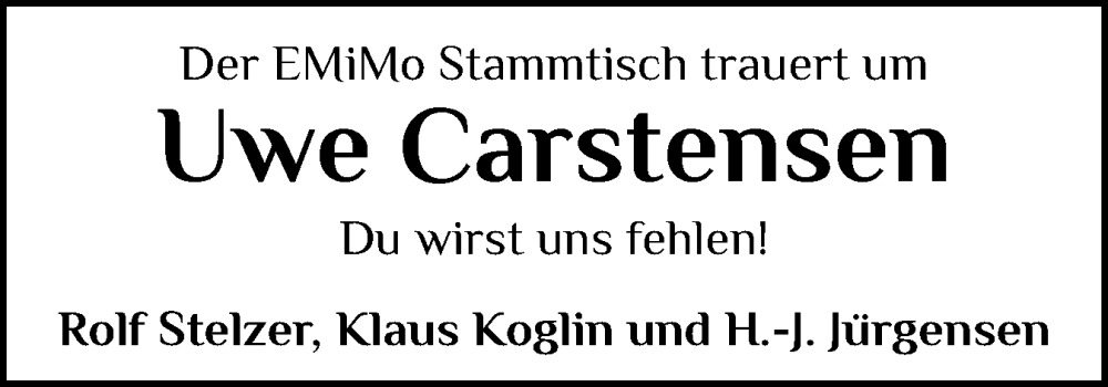  Traueranzeige für Uwe Carstensen vom 14.01.2026 aus Flensburger Tageblatt