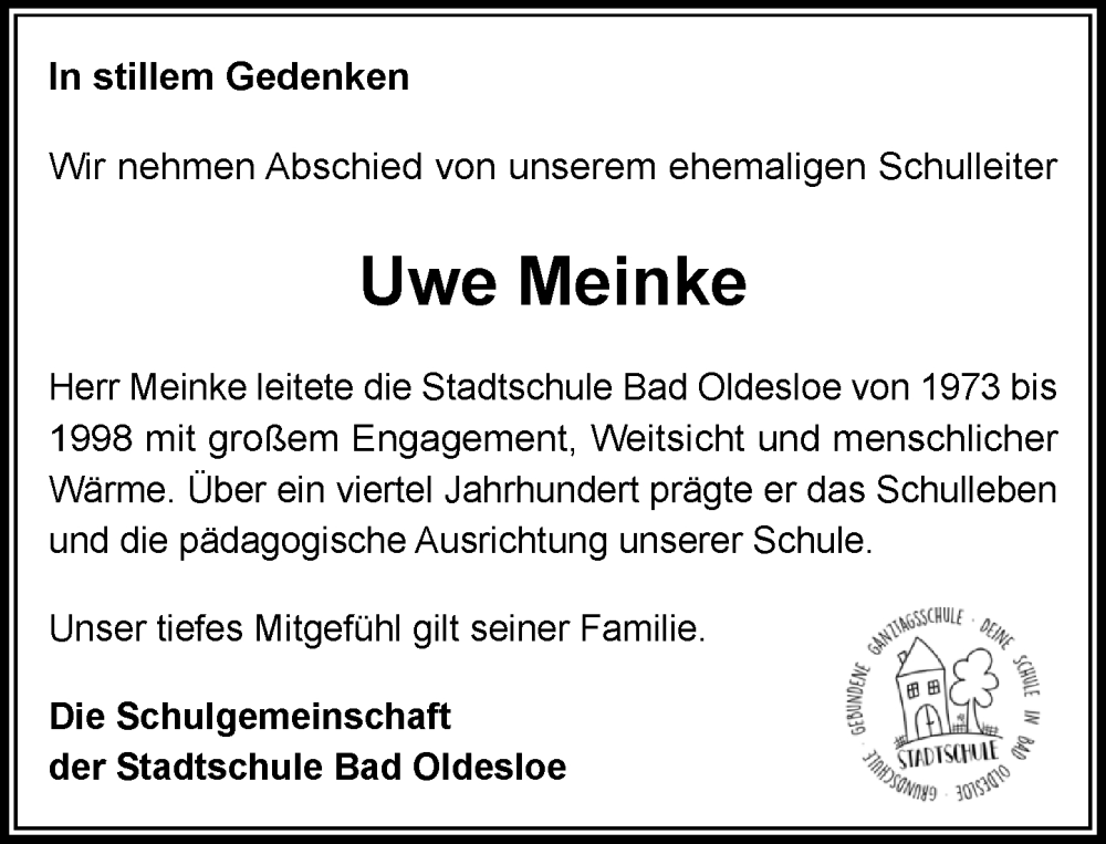  Traueranzeige für Uwe Meinke vom 31.01.2026 aus MARKT Bad Oldesloe/Reinfeld und Stormarner Tageblatt