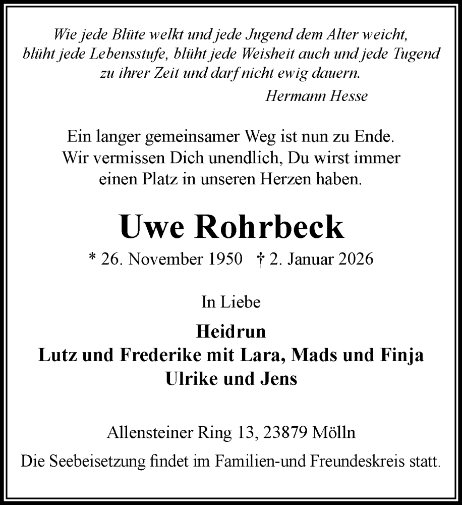  Traueranzeige für Uwe Rohrbeck vom 10.01.2026 aus MARKT Ratzeburg/Mölln