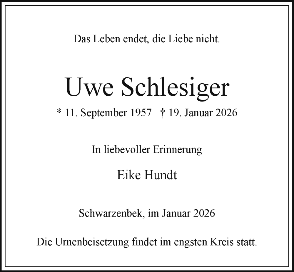  Traueranzeige für Uwe Schlesiger vom 31.01.2026 aus Wochenend Anzeiger