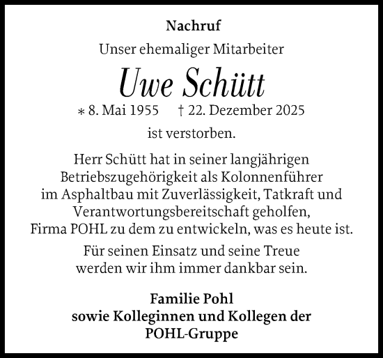 Traueranzeige von Uwe Schütt von Schleswig-Holsteinische Landeszeitung