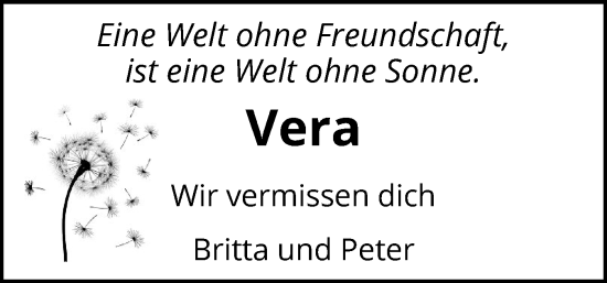 Traueranzeige von Vera  von Husumer Nachrichten, Nordfriesland Tageblatt