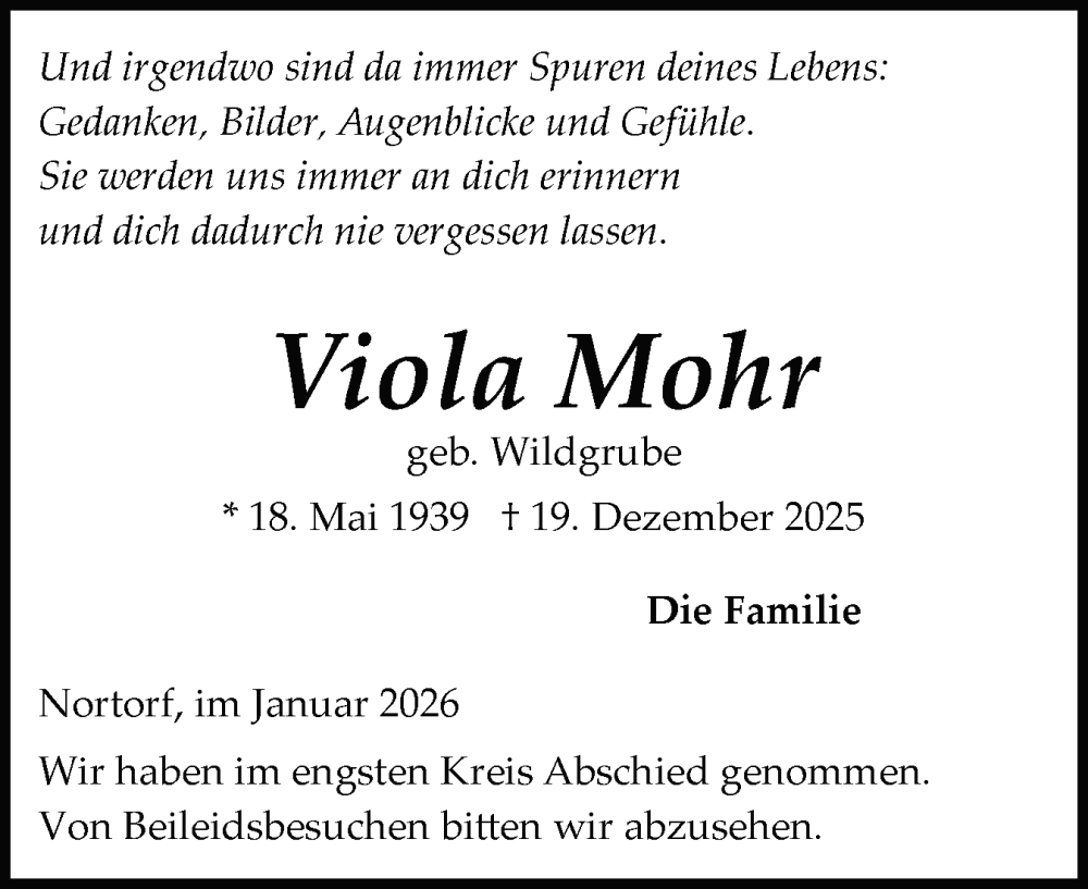  Traueranzeige für Viola Mohr vom 10.01.2026 aus Schleswig-Holsteinische Landeszeitung