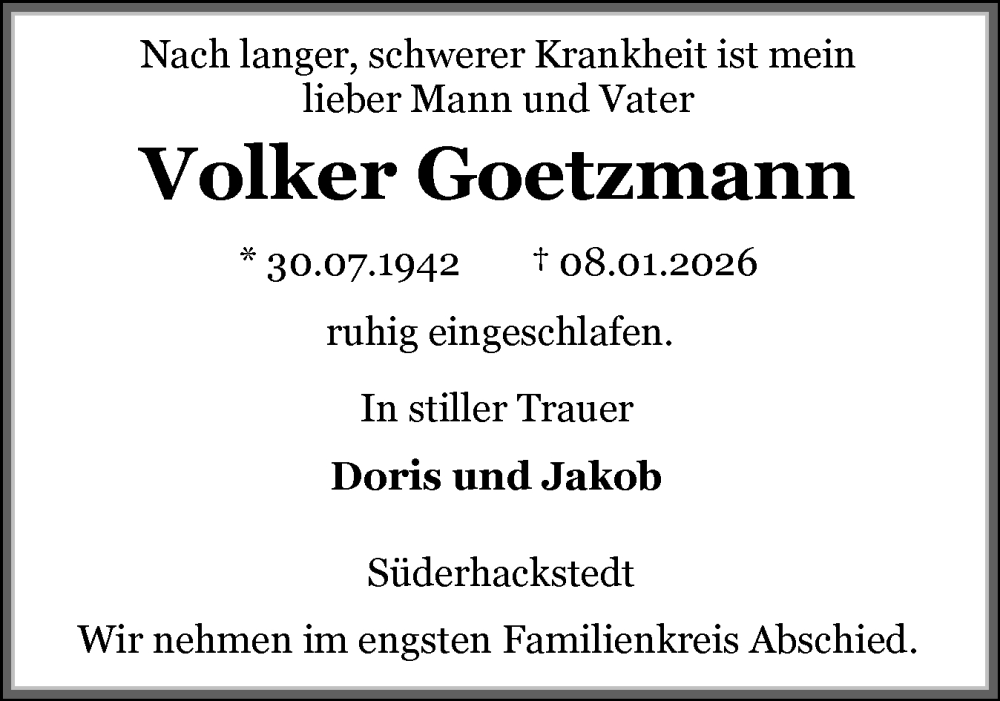  Traueranzeige für Volker Goetzmann vom 17.01.2026 aus Flensburger Tageblatt
