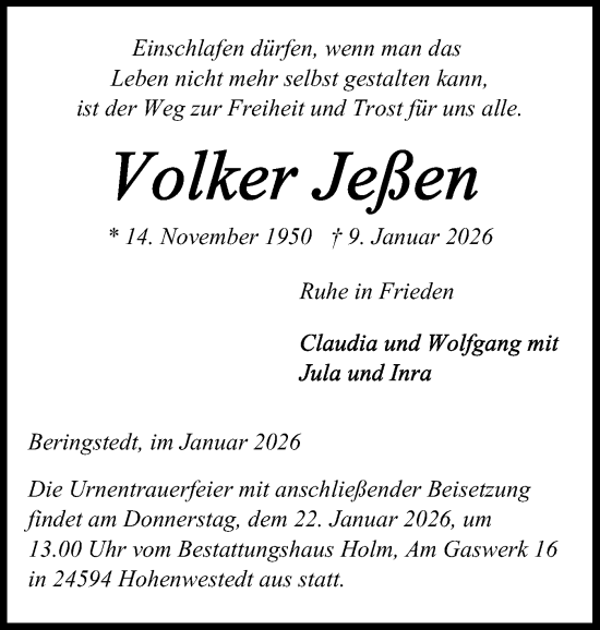 Traueranzeige von Volker Jefsen von Schleswig-Holsteinische Landeszeitung
