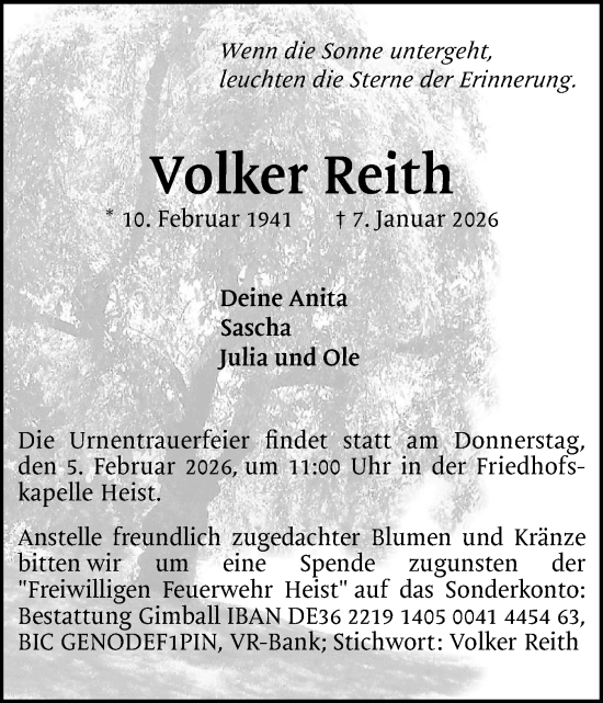 Traueranzeige von Volker Reith von Uetersener Nachrichten, Der tip am Wochenende