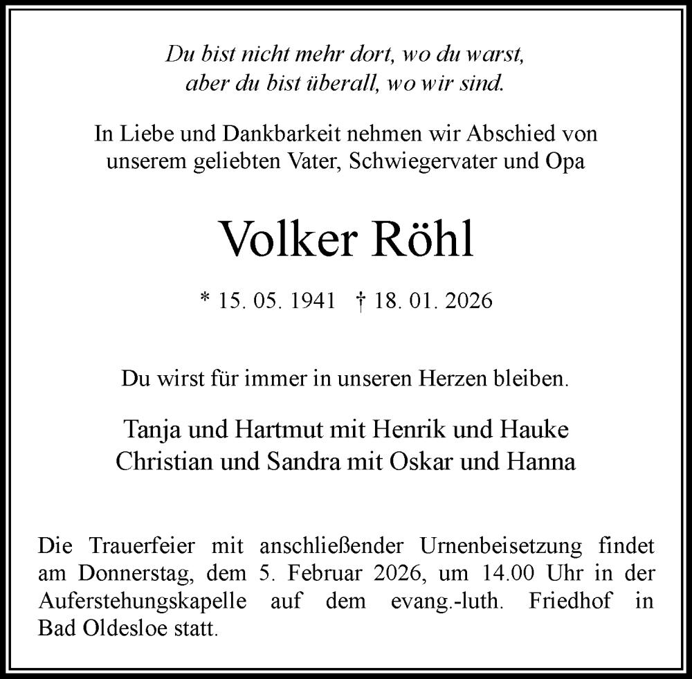  Traueranzeige für Volker Röhl vom 31.01.2026 aus MARKT Bad Oldesloe/Reinfeld und Stormarner Tageblatt