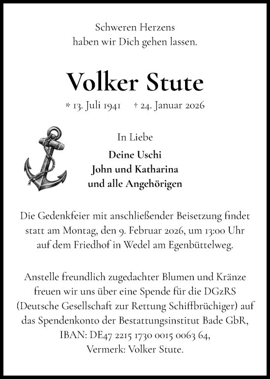 Traueranzeige von Volker Stute von Wedel-Schulauer Tageblatt, tip Wedel-Schulauer Tageblatt, tip Rissener Rundschau