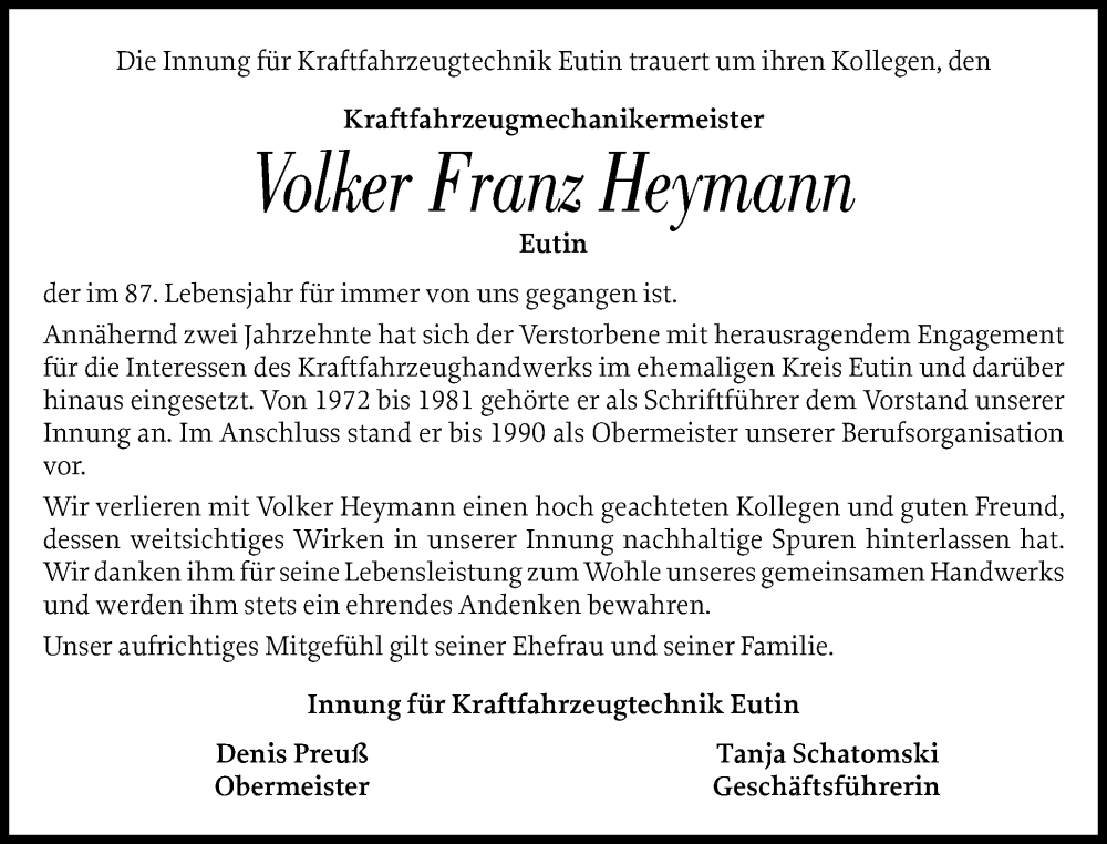  Traueranzeige für Volker Franz Heymann vom 31.01.2026 aus Ostholsteiner Anzeiger