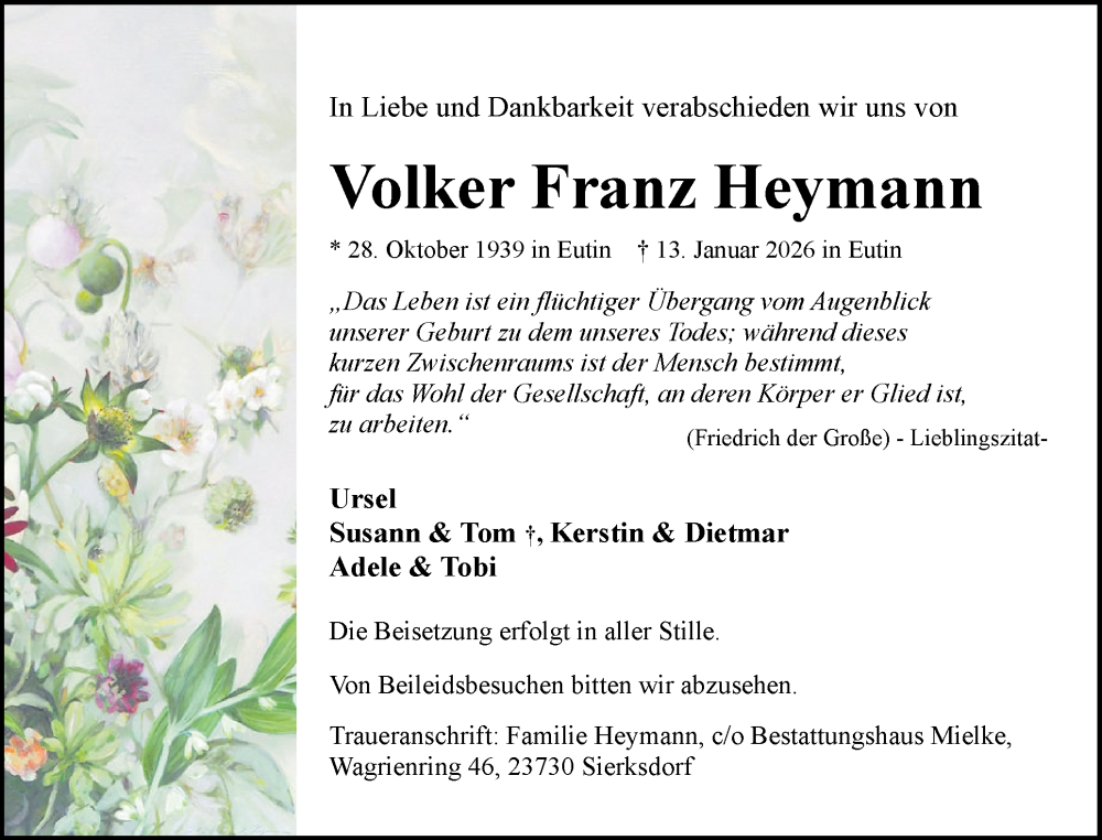  Traueranzeige für Volker Franz Heymann vom 31.01.2026 aus Ostholsteiner Anzeiger