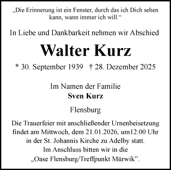 Traueranzeige von Walter Kurz von Flensburger Tageblatt