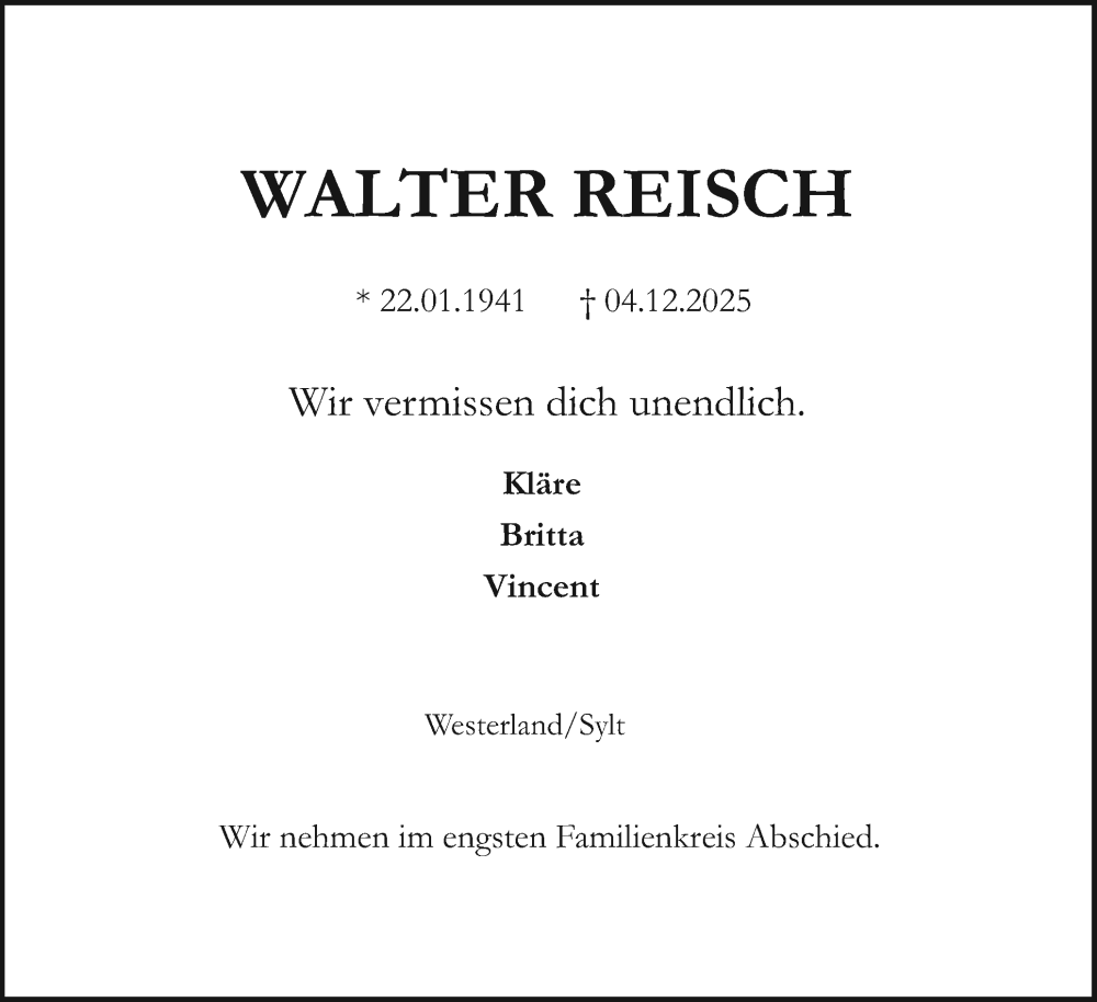  Traueranzeige für Walter Reisch vom 31.01.2026 aus Sylter Rundschau