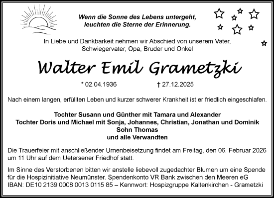 Traueranzeige von Walter Emil Grametzki von Umschau