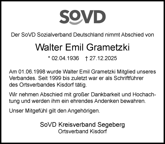 Traueranzeige von Walter Emil Grametzki von Umschau