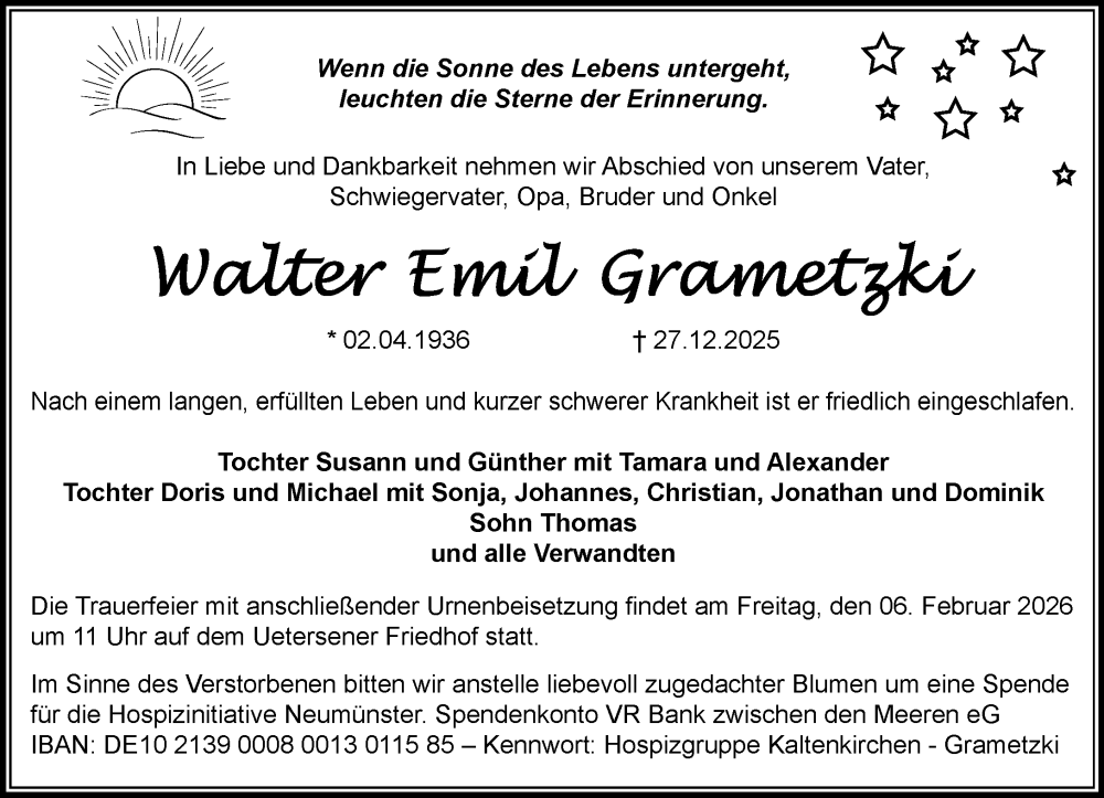  Traueranzeige für Walter Emil Grametzki vom 17.01.2026 aus Umschau