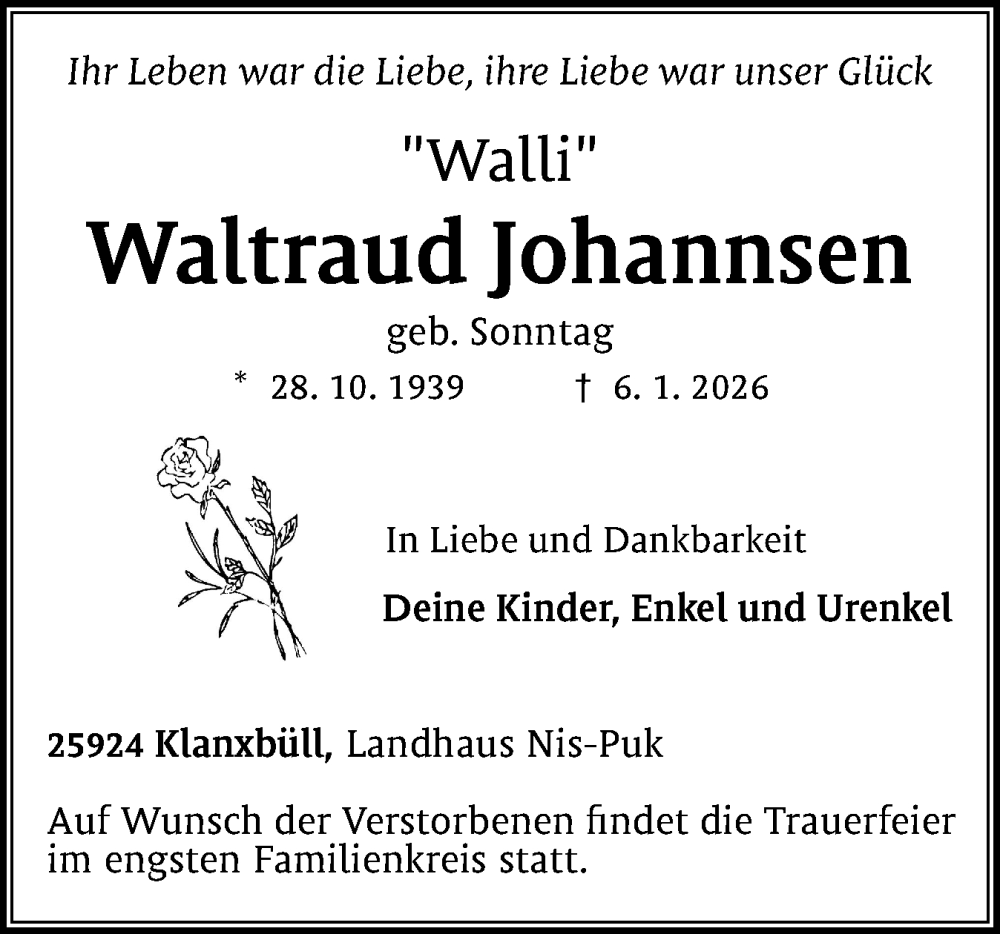  Traueranzeige für Waltraud Johannsen vom 10.01.2026 aus Husumer Nachrichten, Nordfriesland Tageblatt
