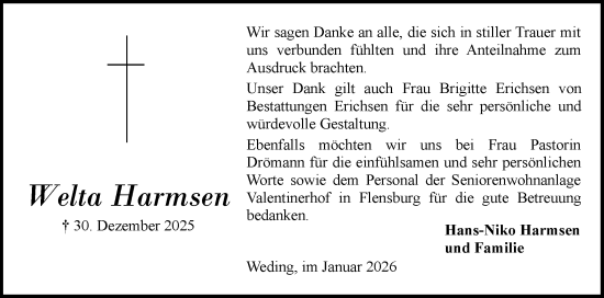Traueranzeige von Welta Harmsen von Flensburger Tageblatt