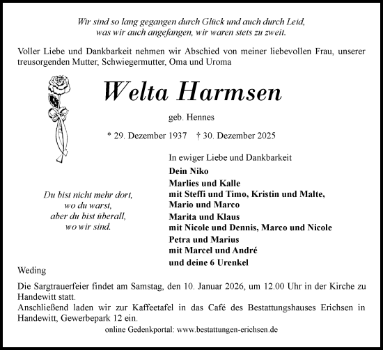 Traueranzeige von Welta Harmsen von Flensburger Tageblatt