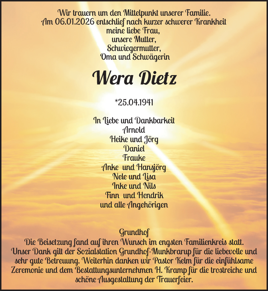  Traueranzeige für Wera Dietz vom 17.01.2026 aus Flensburger Tageblatt, Schleswiger Nachrichten, Schlei-Bote