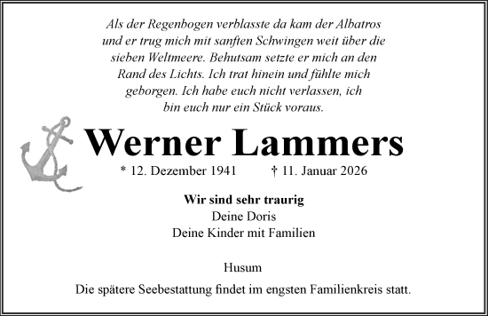 Traueranzeige von Werner Lammers von Husumer Nachrichten, Nordfriesland Tageblatt
