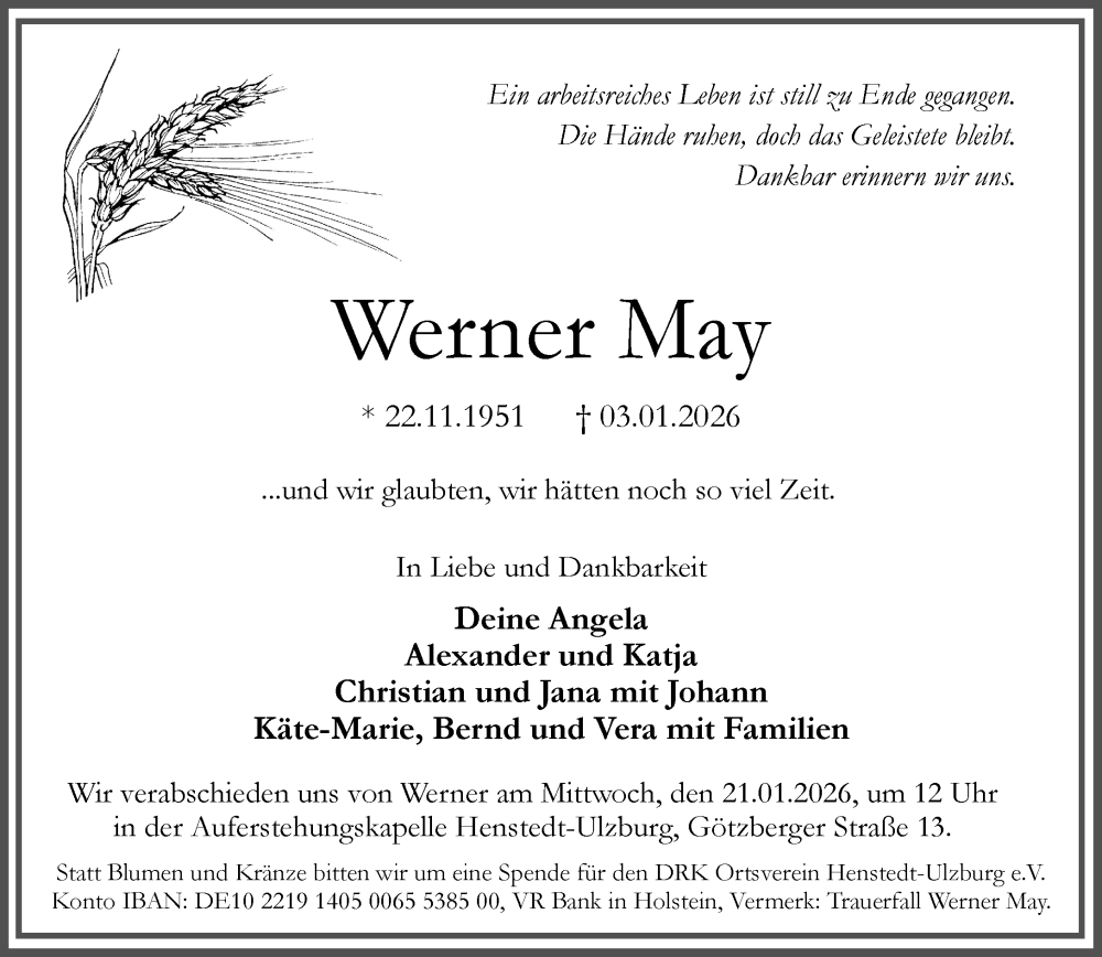  Traueranzeige für Werner May vom 10.01.2026 aus Umschau