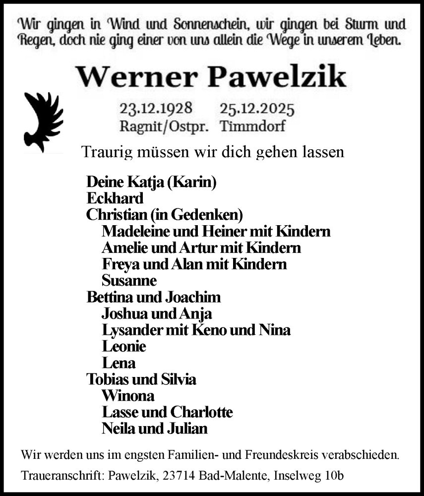  Traueranzeige für Werner Pawelzik vom 10.01.2026 aus Ostholsteiner Anzeiger
