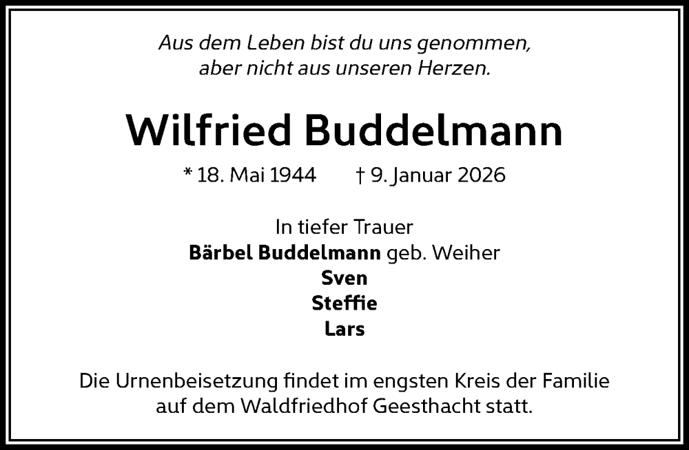  Traueranzeige für Wilfried Buddelmann vom 17.01.2026 aus Wochenend Anzeiger