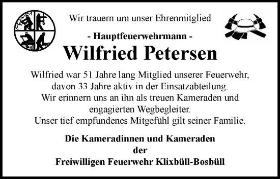 Traueranzeige von Wilfried Petersen von Husumer Nachrichten, Nordfriesland Tageblatt
