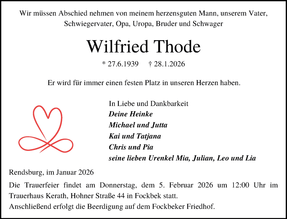  Traueranzeige für Wilfried Thode vom 31.01.2026 aus Schleswig-Holsteinische Landeszeitung