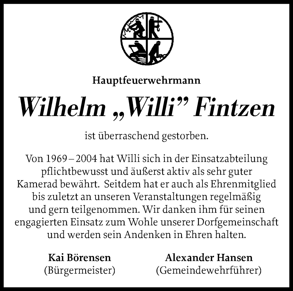  Traueranzeige für Wilhelm Fintzen vom 31.01.2026 aus Schleswiger Nachrichten, Schlei-Bote
