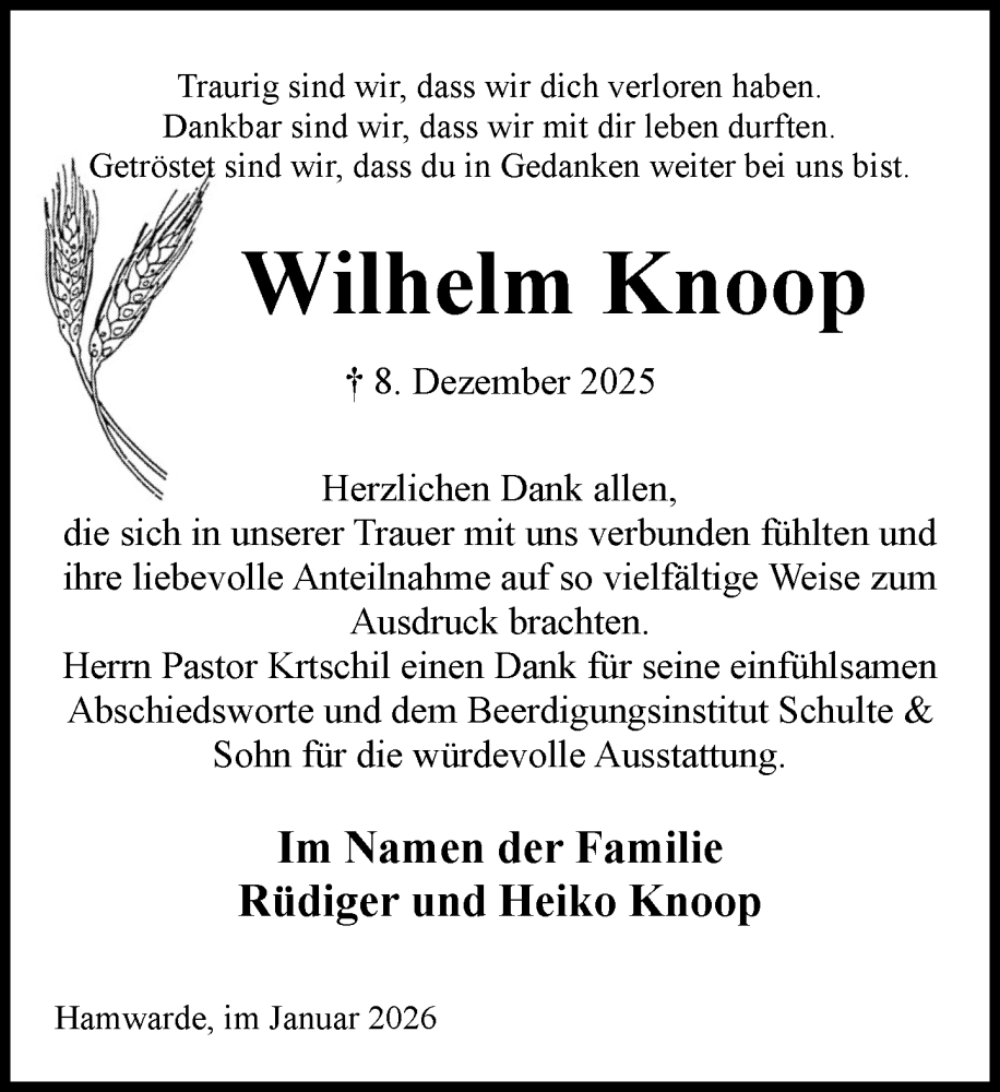  Traueranzeige für Wilhelm Knoop vom 24.01.2026 aus Wochenend Anzeiger