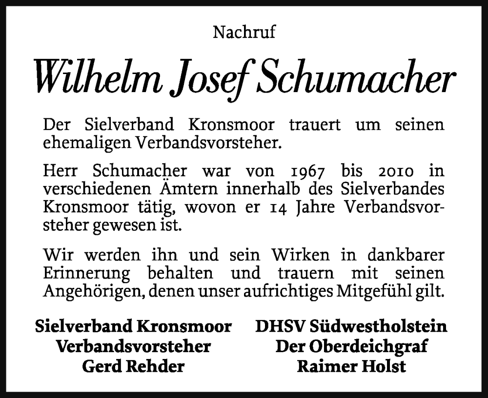  Traueranzeige für Wilhelm Josef Schumacher vom 31.01.2026 aus Norddeutsche Rundschau, Wilstersche Zeitung, Glückstädter Fortuna
