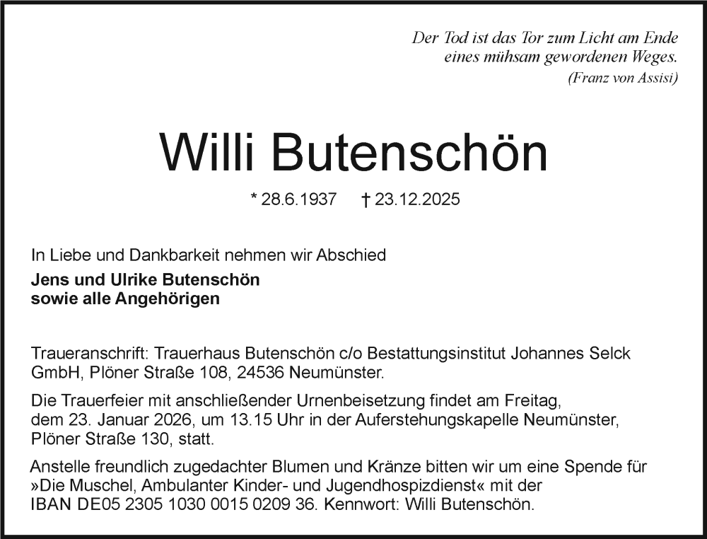  Traueranzeige für Willi Butenschön vom 10.01.2026 aus Holsteinischer Courier