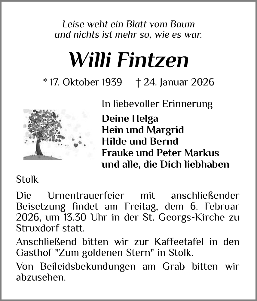  Traueranzeige für Willi Fintzen vom 31.01.2026 aus Schleswiger Nachrichten, Schlei-Bote