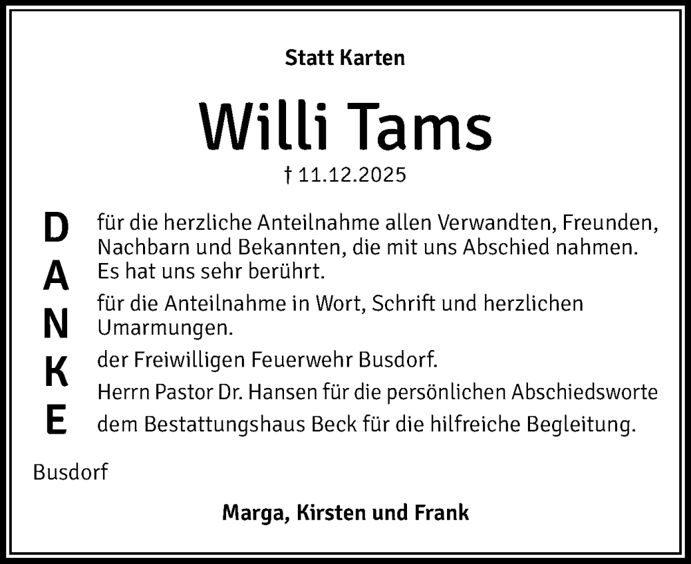 Traueranzeige für Willi Tams vom 03.01.2026 aus Schleswiger Nachrichten, Schlei-Bote