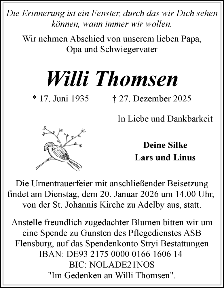  Traueranzeige für Willi Thomsen vom 10.01.2026 aus Flensburger Tageblatt