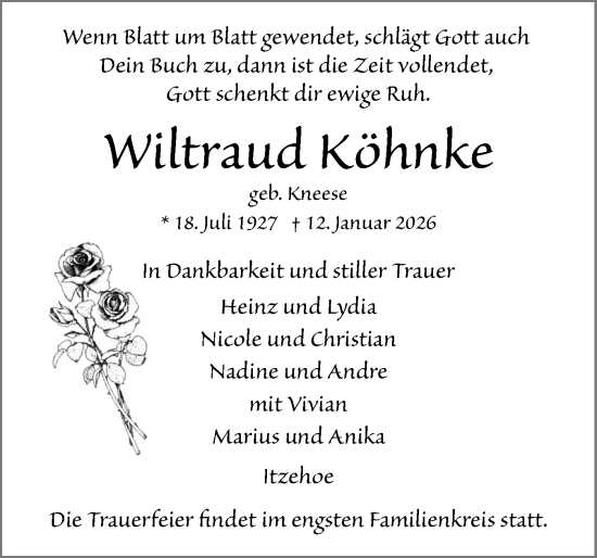 Traueranzeige von Wiltraud Köhnke von Norddeutsche Rundschau, Wilstersche Zeitung, Glückstädter Fortuna