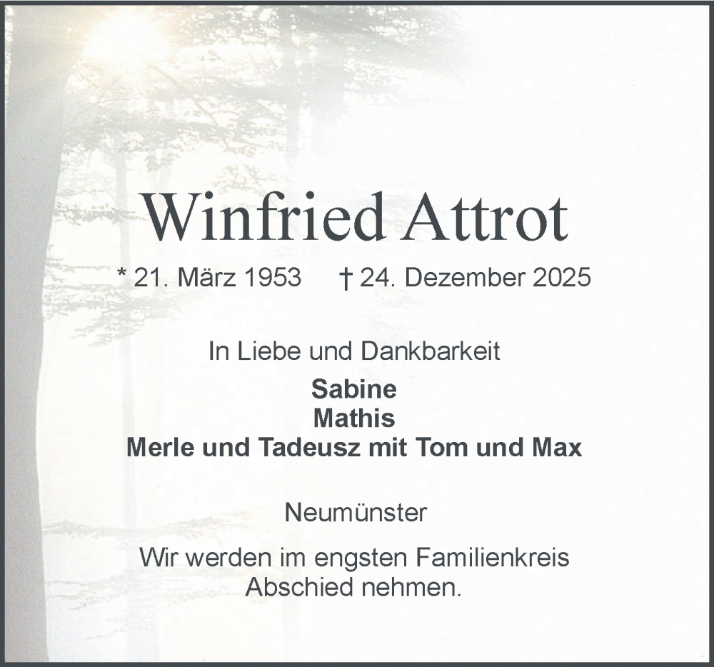  Traueranzeige für Winfried Attrot vom 03.01.2026 aus Holsteinischer Courier