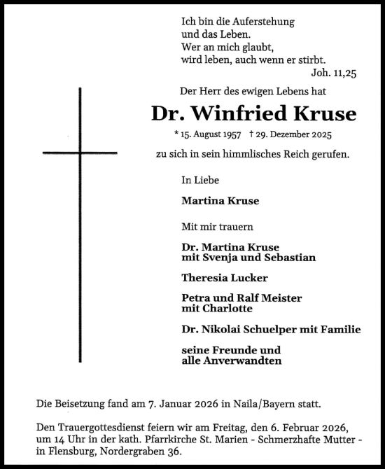 Traueranzeige von Winfried Kruse von Flensburger Tageblatt, Schleswiger Nachrichten, Schlei-Bote