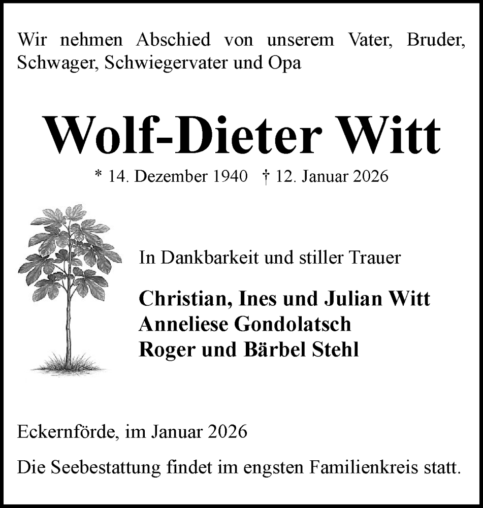  Traueranzeige für Wolf-Dieter Witt vom 24.01.2026 aus Eckernförder Zeitung, Hallo Eckernförde