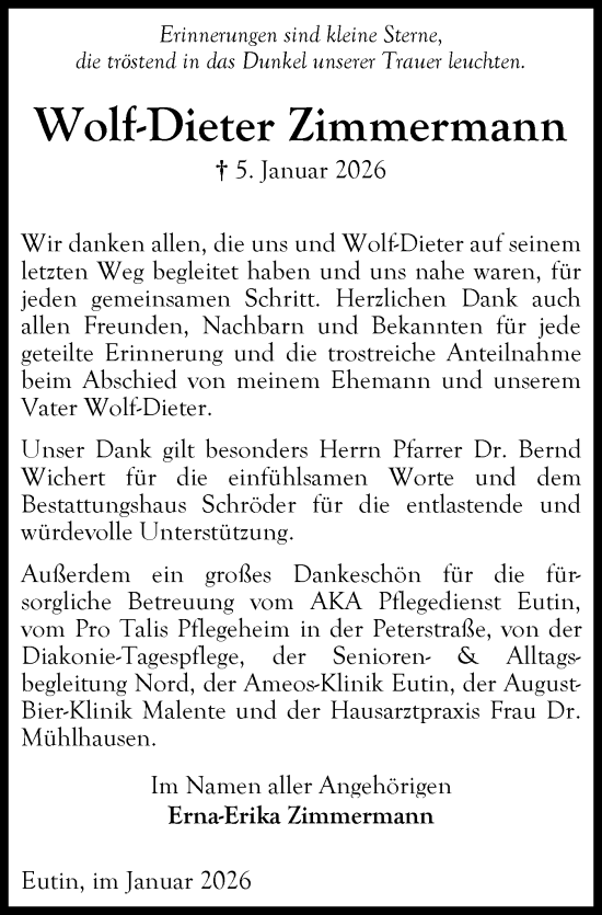 Traueranzeige von Wolf-Dieter Zimmermann von Ostholsteiner Anzeiger