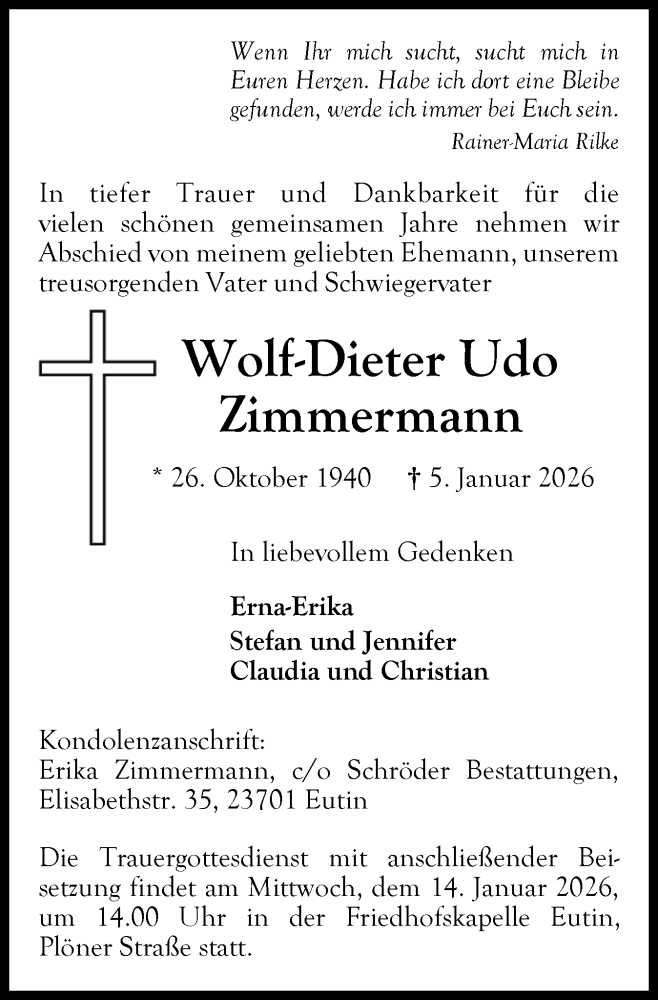  Traueranzeige für Wolf-Dieter Udo Zimmermann vom 10.01.2026 aus Ostholsteiner Anzeiger