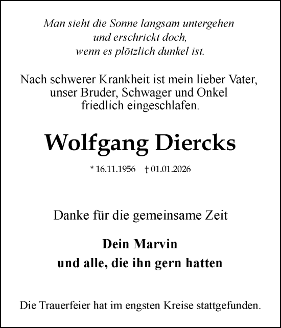 Traueranzeige von Wolfgang Diercks von Elmshorner Nachrichten, Barmstedter Zeitung