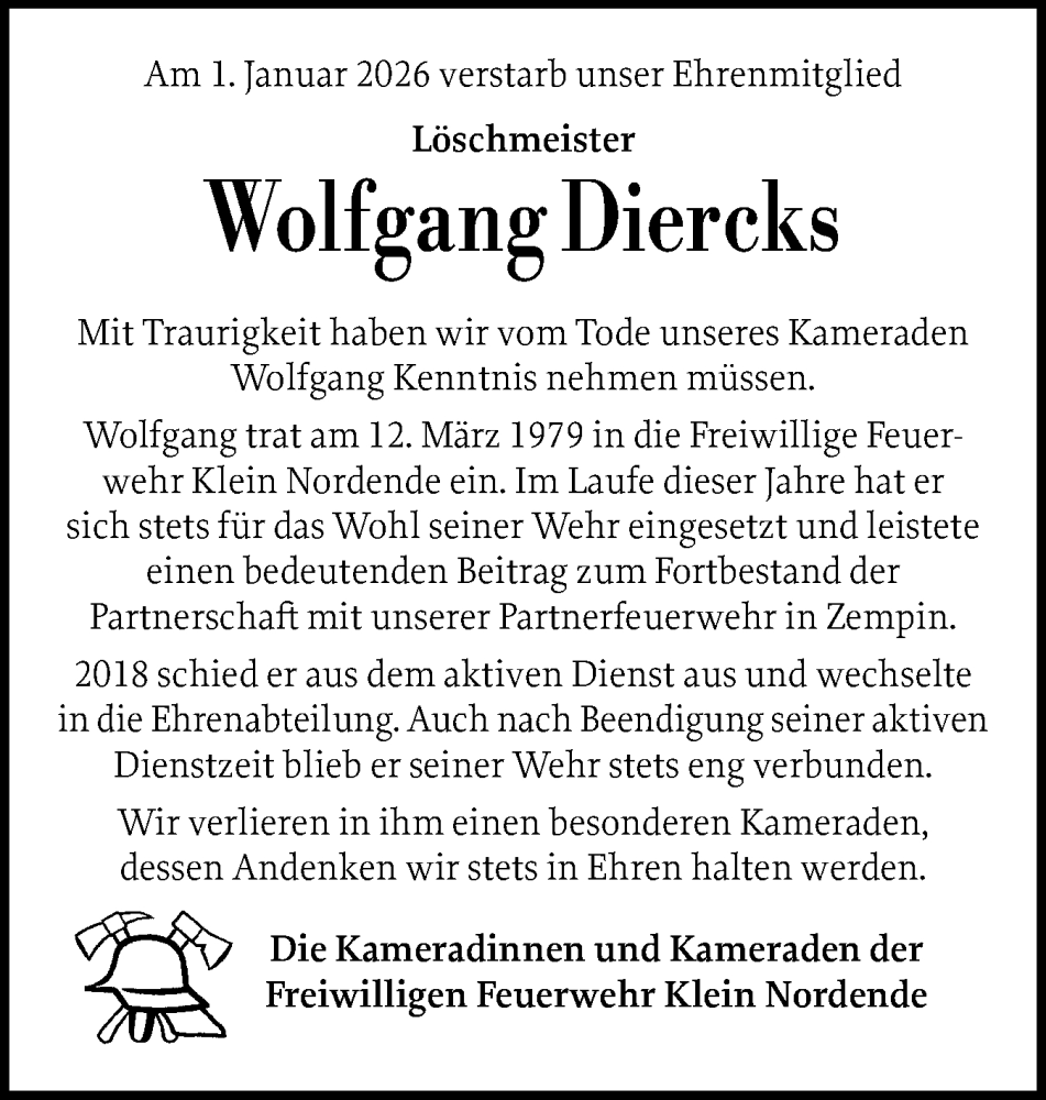  Traueranzeige für Wolfgang Diercks vom 24.01.2026 aus Elmshorner Nachrichten, Barmstedter Zeitung