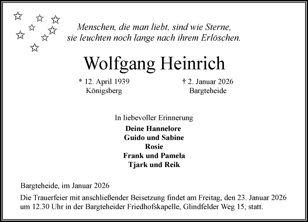  Traueranzeige für Wolfgang Heinrich vom 10.01.2026 aus MARKT Ahrensburg/Bargteheide/Trittau und Stormarner Tageblatt