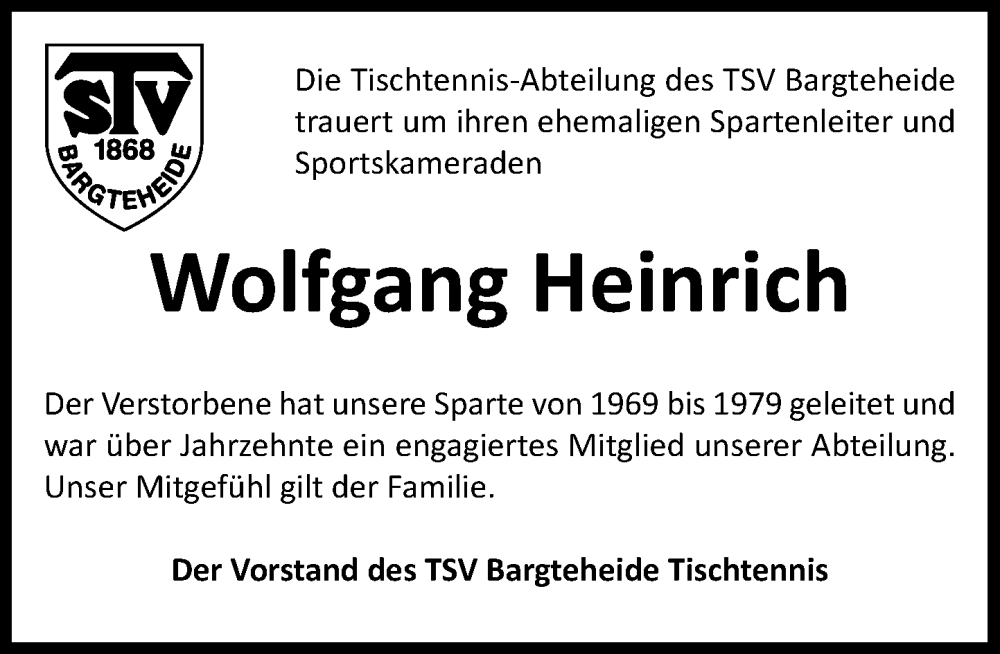  Traueranzeige für Wolfgang Heinrich vom 10.01.2026 aus MARKT Ahrensburg/Bargteheide/Trittau und Stormarner Tageblatt