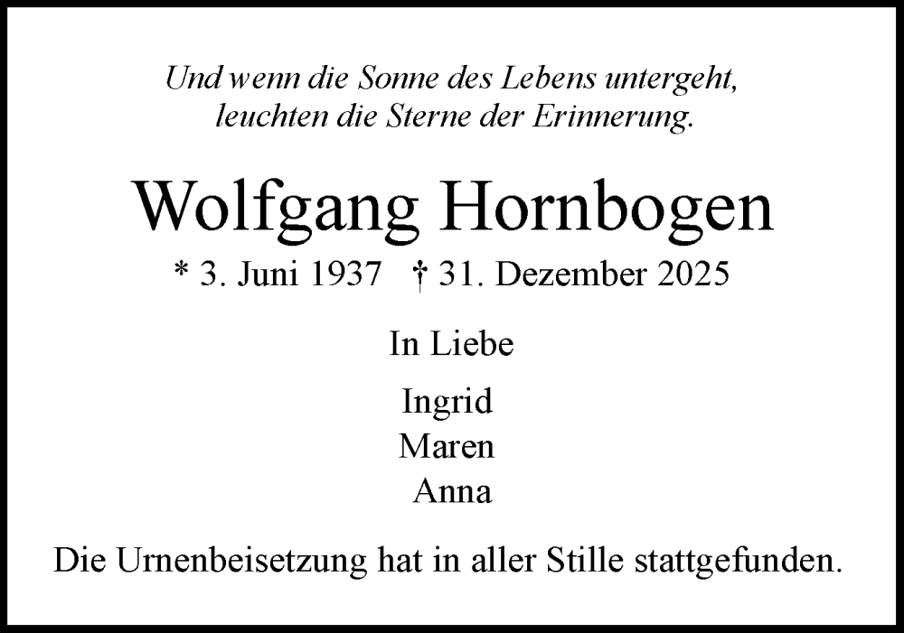  Traueranzeige für Wolfgang Hornbogen vom 17.01.2026 aus Region Pinneberg und tip Pinneberg