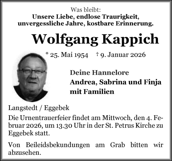 Traueranzeige von Wolfgang Kappich von Flensburger Tageblatt