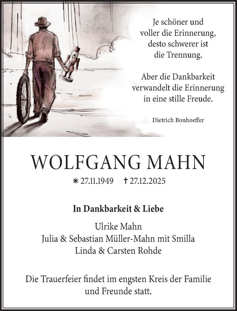  Traueranzeige für Wolfgang Mahn vom 10.01.2026 aus Heimatspiegel