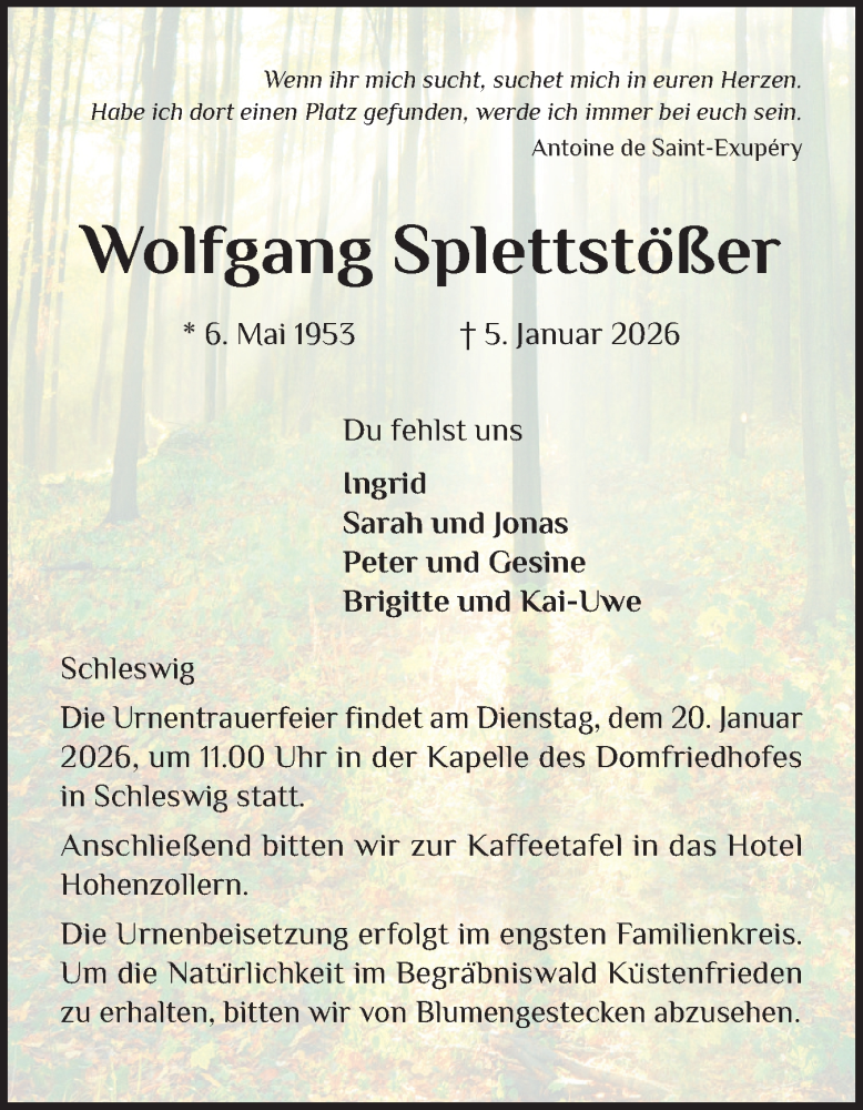  Traueranzeige für Wolfgang Splettstößer vom 14.01.2026 aus Schleswiger Nachrichten, Schlei-Bote